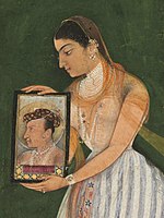 Nur Jahan holding a portrait of Jahangir, c. 1627 (detail)