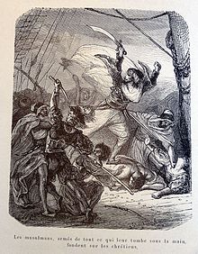 engraving depicting battle scene. Caption in French says "Muslims armed with everything they can get their hands on fall on the Christians"