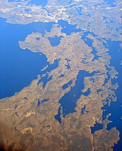 Aerial view of Parry Island, with the town of Parry Sound visible at the top.