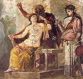 Hermaphroditus and Silenus. On the right a maenad with thyrsus. Roman fresco from Pompeii, House of M. Epidi Sabini, IX.1.22.