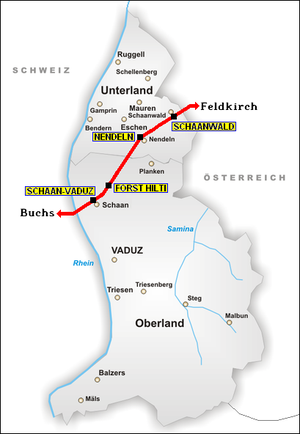 A map of Liechtenstein showing the railway line and the 4 stations