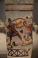 Achilles on Skyros, detail of tall Roman goblet, found in Koln, Germany, a major glass-making centre, 3rd century