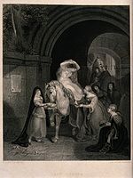 Lady Godiva depicted in her shift. Engraving by J.B. Allen after G. Jones.