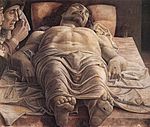 A highly original composition by Andrea Mantegna of the laying-out of the dead Christ, c. 1490.