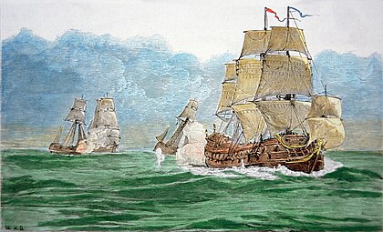 Ganj-i-Sawai being chased by Every's fleet. The ship is mistakenly depicted as an East Indiaman.