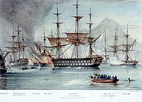 The Battle of Navarino on 20 October 1827; Scipion is shown in the centre, entangled with a fireship