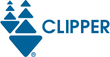 The Clipper logo. Two ships, each composed of three rounded blue triangles pointing upwards atop one blue triangle pointing downwards. The ship on the right is twice as large as the ship on the left. At the right is the word "Clipper" in all capital letters.