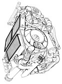 Conventional line illustration of an engine demonstrating perspective and line techniques.