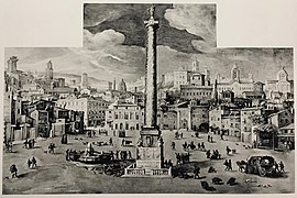 Fresco of Piazza Colonna c. 1586; at center is the Column of Marcus Aurelius (with an earlier version of the pedestal), and to the left is the piazza's fountain.[1]
