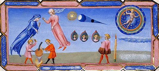 Divine Comedy, Paradiso: Beatrice explaining some scientific theories to Dante, including the appearance of the moon (1444–50) British Library