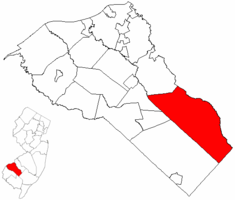 Location of Monroe Township in Gloucester County highlighted in red (right). Inset map: Location of Gloucester County in New Jersey highlighted in red (left).