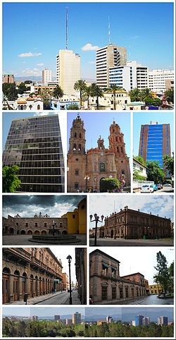 From left to right and from top to bottom: buildings at Avenida Carranza, Secretariat of Foreign Affairs tower, St. Louis Cathedral, National Institute of Statistics and Geography tower, Plaza de San Francisco, Museo Nacional de la Máscara, Calle Universidad, San Luis Potosí historical centre, panorama of San Luis Potosí
