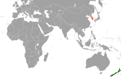 Map indicating locations of New Zealand and South Korea