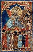 Right frontispiece (2r): possible depiction of the author al-Hariri himself, in the Maqamat of al-Hariri, 1237 CE, possibly Baghdad.[3][40]