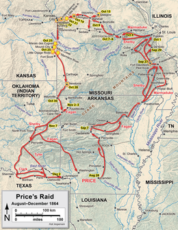 Map of Price's Raid. The raid roughly resembled a circle, starting in southern Arkansas, moving to the Missouri River, and then looping back to southern Arkansas