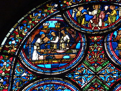 Detail of the Thomas Becket window. Burial of the Saint. (13th c.)