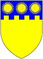 Augmented arms of Smithson Baronets of Stanwick to Sir Hugh Smithson, 1st Baronet by King Charles II of England for loyalty: Or, on a chief embattled azure three suns proper[28]