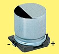 Cylindrical styles with a wound cell in a metal case are available as SMDs (V-chips) or as radial leaded versions (single-ended) for polymer or hybrid polymer aluminum capacitors