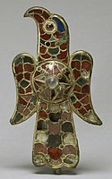 Visigothic 6th-century eagle-fibula, from Spain with garnets, amethysts, and colored glass, and some cloisons now empty.