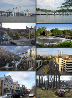 Clockwise from top: the original Tappan Zee Bridge and replacement; Mamaroneck Harbor; Philipsburg Manor; downtown White Plains; downtown Scarsdale; shops in Katonah; the New Croton Dam; Larkin Plaza in Yonkers