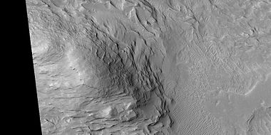 Close view of layers in a mound, from previous image, as seen by HiRISE under HiWish program