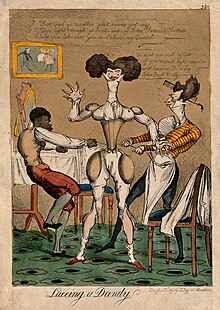 A colored etching of two servants tightly pulling the laces of a man's corset.