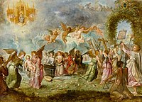 Triumph of the Christ Child by Ambrosius Francken I, 1605–10, Angels carry away the Arma Christi.