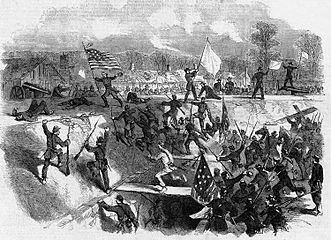An 1863 illustration showing General Stephen G. Burbridge planting the Union flag after the capture of Arkansas Post
