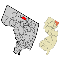 Location of Park Ridge in Bergen County highlighted in red (left). Inset map: Location of Bergen County in New Jersey highlighted in orange (right).