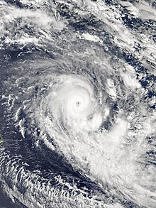 Satellite image of Berguitta as a mature tropical cyclone with a clear, well-defined eye and numerous rainbands.