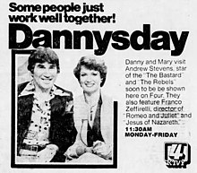 Newspaper advertisement for the television talk show Dannysday, hosted by Danny Williams and Mary Hart, including a list of guests for an upcoming program.