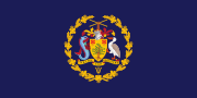 A navy blue flag with a seal in the center.