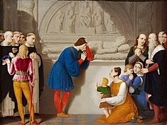 Ludovico weeps at the tomb of his wife Beatrice, Giovanni Battista Gigola, 1815 ca. The friars of S. Maria delle Grazie are present on the left, and on the right the two orphans Ercole Massimiliano and Francesco with their respective nurses, as well as Bramante and Leonardo.