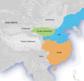 Map of China in 1141 with Jin dynasty controlling the north and Southern Song dynasty controlling the south