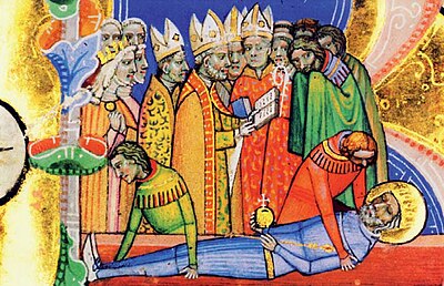 Chronicon Pictum, Hungarian, Hungary, King Saint Stephen, funeral, Queen Gisela, praying, priests, coffin, medieval, chronicle, book, illumination, illustration, history