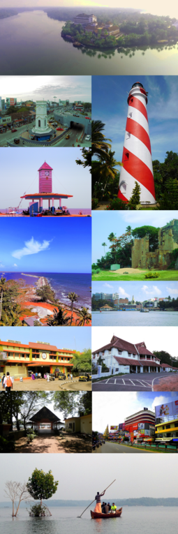 From top clockwise:An aerial view of the Ashtamudi Lake & The Raviz, Thangasseri Lighthouse, Ruins of St Thomas Fort, Kollam KSRTC bus station & KSWTD Boat Jetty, British Residency, Downtown Kollam area including RP Mall, Tourists in Munroe Island, Adventure Park, Kollam Junction railway station, Break Water Tourism & Kollam Port, Kollam Beach and Chinnakada Clock Tower