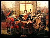 Painting by Abraham Bosse, Musical Society, French, c. 1635. Subject matter depicts amateur social music making, featuring lute, bass viol, and singers, with part books spread around the table. This is also representative of one kind of broken consort, albeit with minimal instrumentation.