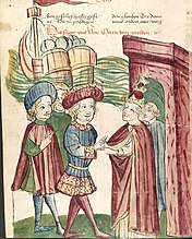 Otto IV. und Papst Innocenz III. reichen sich vor den ankommenden Schiffen Friedrichs II. die Hände