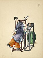 Woman playing a sanxian.