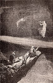 Depiction of She, Holly, Leo, and Job journeying to the underground cavern containing the Pillar of Life. Ayesha stands on one side of a deep ravine, having crossed over using a plank of wood as a demonstration of its safety. She beckons the three Englishmen to follow her. A great beam of light divides the darkness about them.