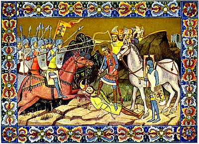 Chronicon Pictum, Hungarian, Hungary, King Stephen, battle, Kean, Bulgarian, golden, halo, glory, crown, white horse, double cross, Hungarian coat of arms, medieval, chronicle, book, illumination, illustration, history