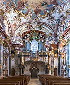 The amazing interior of the Wilhering Abbey (Wilhering, Austria). This interior has a trompe-l'œil on its ceiling, surrounded of highly decorated stuccos