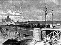 Print showing translation of the remains of Calderón de la Barca from the Royal Basilica of Saint Francis the Great to the cemetery of san Nicolás, by the original viaduct of the Segovia street, in 1874.