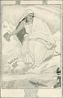 Print of old woman holding a hammer with a background of mountains