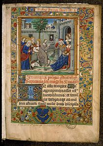 New Testament from the Abbey Sainte-Geneviève depicting the entry of Christ into Jerusalem Bibliothèque Sainte-Geneviève (circa 1525–1530) (Ms. 106 f1r (Entrée à Jérusalem)