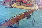 Wooden medieval bridge (Obere Brücke) between Münsterhof/Fraumünster and Grossmünster (Altarbild by Hans Leu d.Ä., late 15th century)
