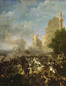 Painting shows a rather confused battle with the ruins of a castle in the background. The central figure is probably Del Caretto. The French soldiers are wearing shakos of a later period.