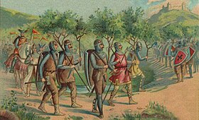 Illustration of Shakespeare's wood, a group of soldiers carrying branches