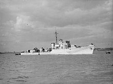 Black and white photograph showing a Royal Navy Type I Hunt-class destroyer at sea