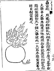 A 'rumbling thunder bomb' (hong lei pao) as depicted in the Huolongjing. The text describes ingredients including mini-rockets and caltrops with poisons.